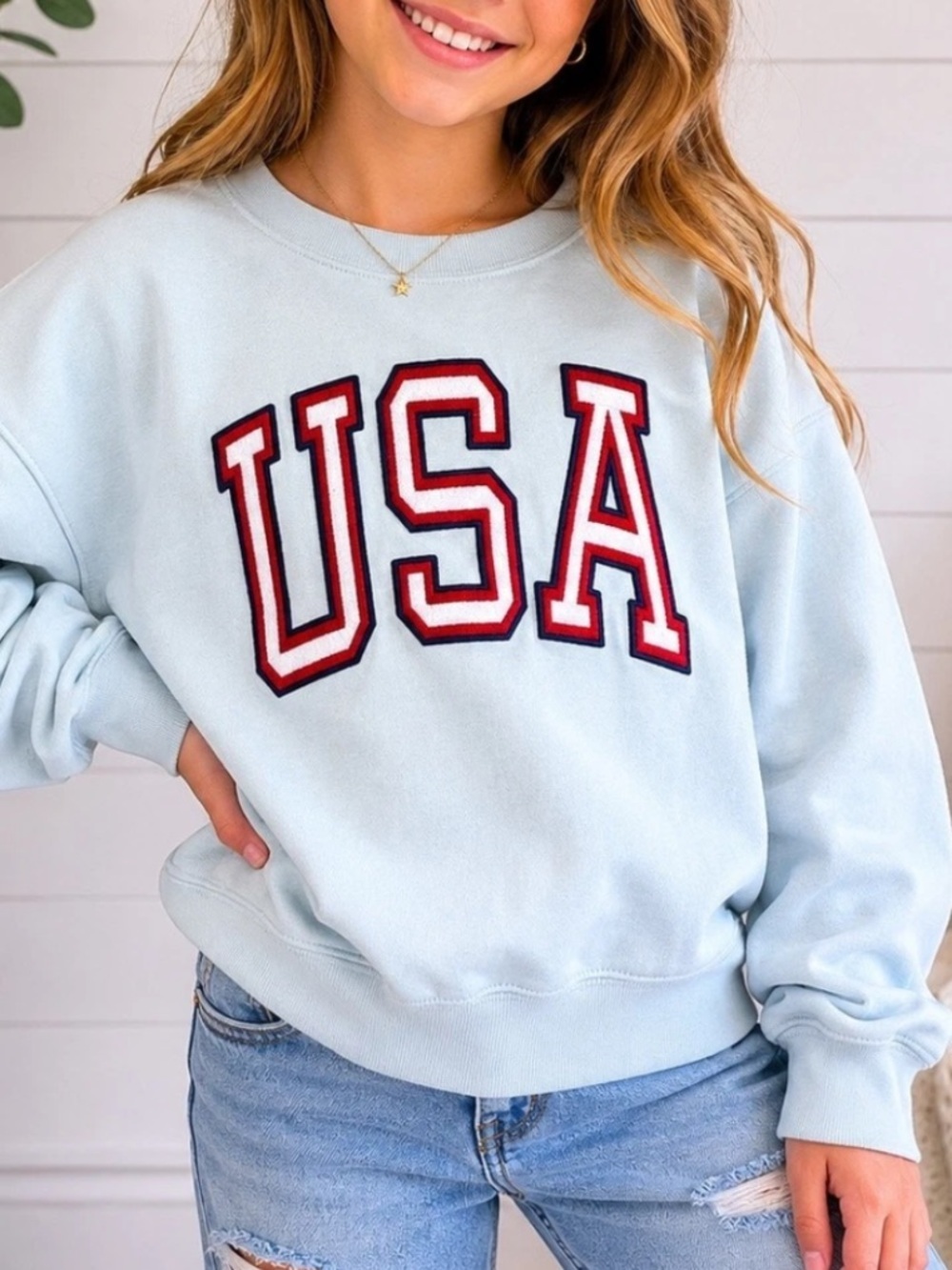 Abercrombie Kids Powder Blue Wide Neck USA Crewneck Sweatshirt Size 15/16